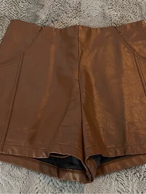 She + Sky High-Waist Faux Leather Brown Shorts